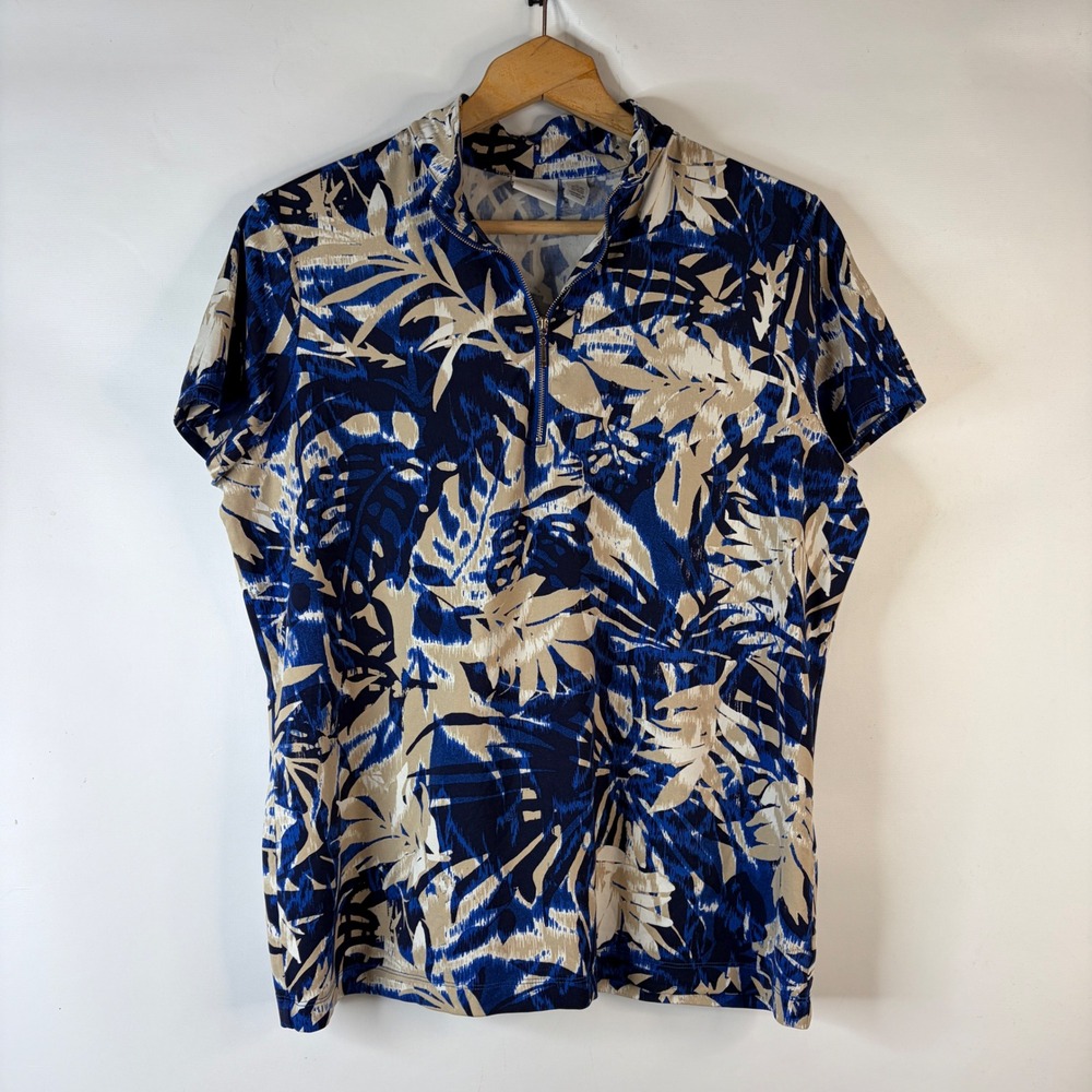 Weekends by Chico's Quarter Zip Top Womens Size 3 Blue Tropical Leaf Mock Neck